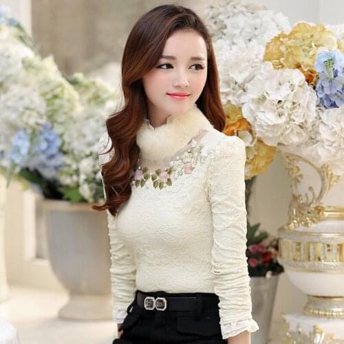 2021 Women Autumn Winter New Plus Size Lace Shirts Female Long Sleeve Thick Warm Shirts Ladies Turtleneck Slim Blouses E690
