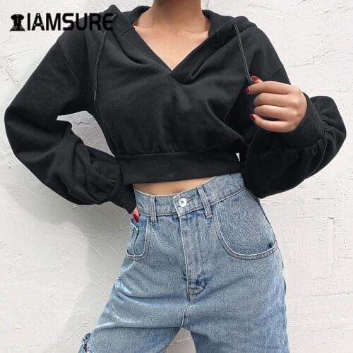 IAMSURE 2020 Autumn Solid Black Basic Sweatshirts For Women Casual Long Sleeve Female Cropped Hoodies Korean Streetwear Outfits