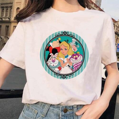 Woman Alice in Wonderland Print Harajuku Summer Tshirts Casual Round Neck Short Slee Top Tee Shirt,Drop Ship