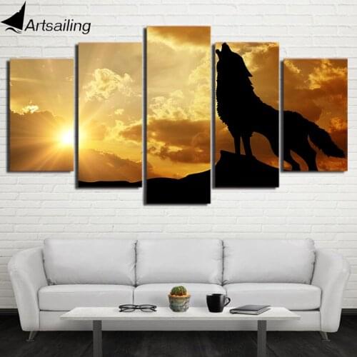 5 piece HD print Howling Wolf in Sunset canvas painting Framed posters and prints modular picture free shipping CU-2499C