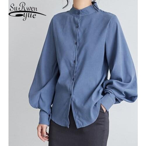 Korean Vintage Lantern Sleeve Office Lady Loose Women Tops and Blouses 2019 solid Autumn Winter Female Long Sleeve Shirt 6593 50