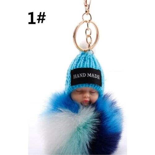 Sleeping Baby Doll Keychain Pompom Rabbit Fur Ball Key Chain Car Keyring Women Key Holder Bag Pendant Charm Accessories B151