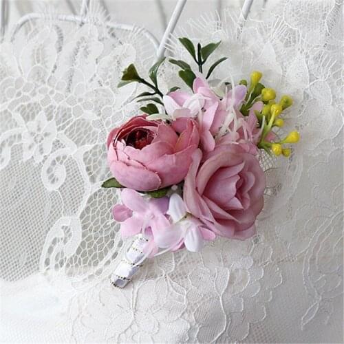 AWAYTR Romantic Simulation Flowers Wedding Corsages Boutonnieres Silk Rose Prom Brooches Artificial Wrist Flowers Accessories
