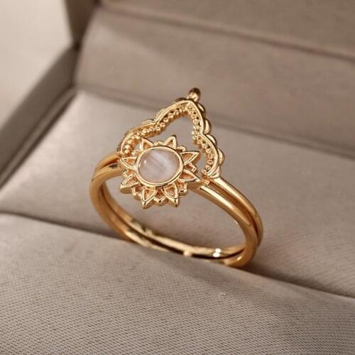 Crown Rings For Women Stainless Steel Vintage Sunflower Opal Ring Wedding Boho Jewelry Gift Bijoux Femme