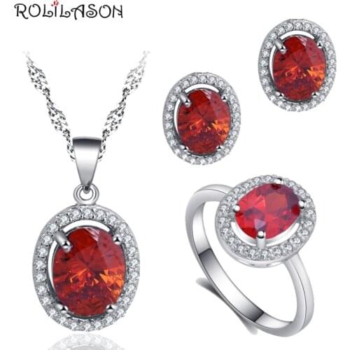 ROLILASON red vintage 925 silver zircon earrings / necklace / ring / jewelry set fashion party gift female exclusive JS788