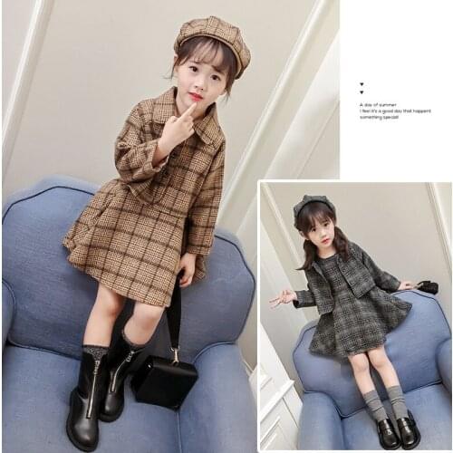 Girls Korean Woolen Clothing Set 3 Pcs Spring Fall Childrens Clothes Baby Kids Short Coat + Vest Ruffles Dress + Berets P327
