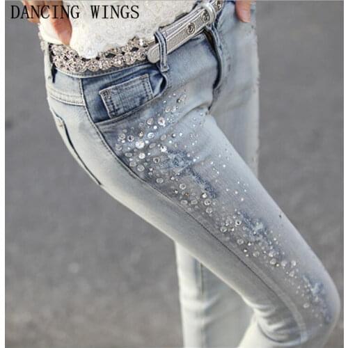 Summer Women Jeans Pants Light Blue Mid Waist Skinny Hot Drilling Pencil Pants