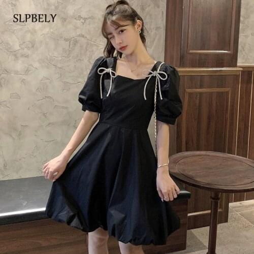 SLPBELY Summer Bow Mini Dress For Women French Fashion White Square Collar Puff Sleeved Dress Casual Female A-Line Dress Vestido
