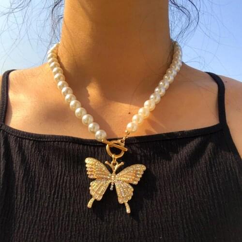 Fashion Hollow Butterfly Choker Pendant Necklace Asymmetry Pearl with 4mm Tennis Side Chain Hip Hop Jewelry for Men Women