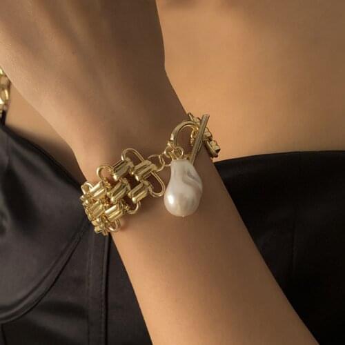 Trendy Imitation Pearl Pendant Bracelets for Women Cuban Thick Chain Hip Hop Punk Bracelet Jewelry Accessories