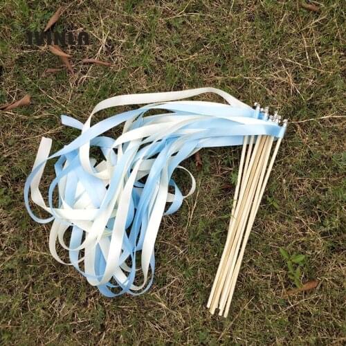 Newest 50pcs/lot light blue and white wedding ribbnon wands with sliver bell for wedding decoration