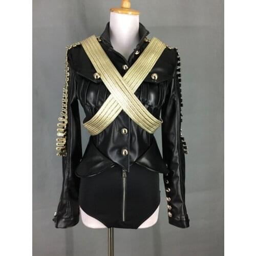 Stage Costumes for Singers Dance Costume Stage Dj Service Leather Military Roupa Feminina Rhinestone Bodysuit 2 Pcs/set 2020