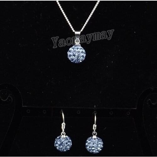 Light Blue Disco Ball Pendant Earrings And Silver Plated Necklace Crystal Jewelry Set 10 Sets Wholesale
