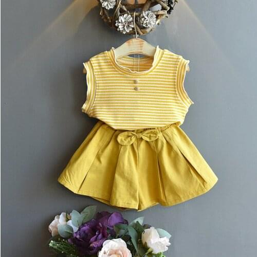 Thunderers Baby Girls Clothes Solid Stripe Sleeveless T-shirt + Bow Simple Skirt 2pcs Girls Summer Suit Kids Clothing Sets 3Y-7Y