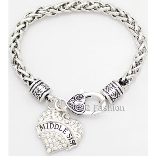 Vintage Silver Plated Middle Sis Diamante Heart Charm Wheat Chunky Big Chain Cuff Bangle Bracelet Gift Girl Jewelry New