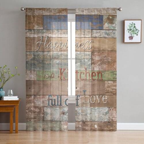 Retro Wood Grain Kitchen Text Curtain For Living Room Transparent Tulle Curtains Window Sheer For The Bedroom Accessories Decor