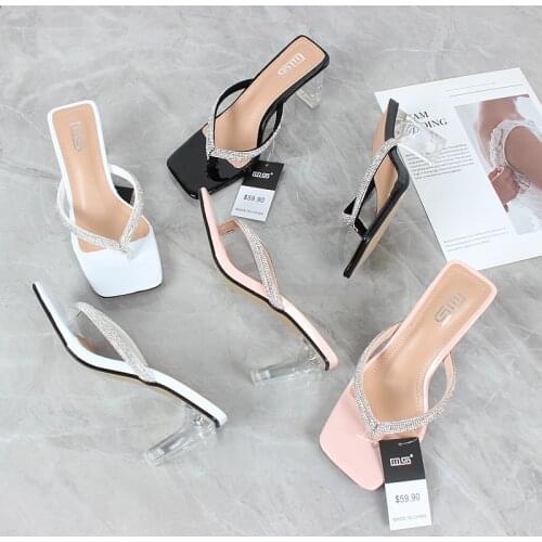 Womens shoes 2021 summer new clip toe flip flop high heel womens sandals transparent Rhinestone fashion sexy banquet 7cm