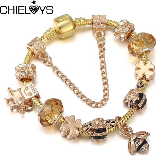 European Style Cute Bee Pendant Charm Bracelet DIY Crystal Glass Beads Womens Bracelets For Women Jewelry Gift Special Offer