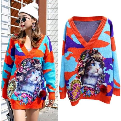 Design Rivets Cartoon Sequins Women Long Pullover GEOMETRIC Loose Oversized Warm Sweater Female Knitted Streetwear 2020 Tops