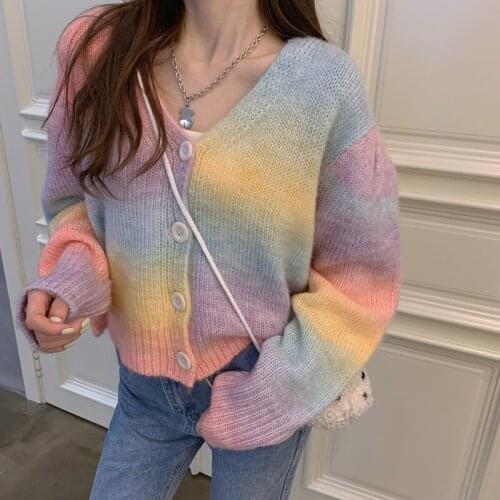 Korean Sweet girl Rainbow Knitted Cardigan Women Winter Sweet Short Sweater Tender Preppy Harajuku All-match Sweater Coat Women