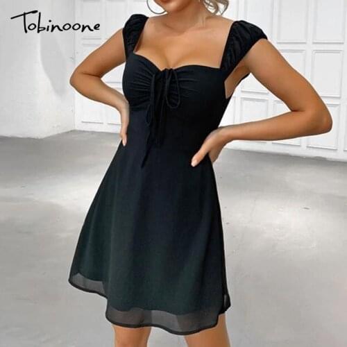 Tobinoone Tie Pleated Sexy Black Dress Women Spaghetti Strap Backless High Waist Party Dresses Summer Solid Holiday Vestidos