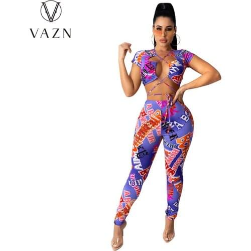VAZN 2020 Vintage Women Short Sleeve Striped Print Bandage Sport Set Tracksuit Sexy Suit Two Piece Set Sport Running Lady Sets