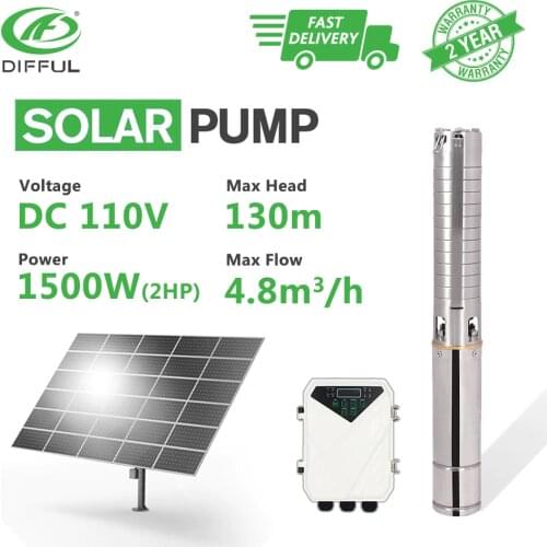 3" DC Deep Well Solar Clean Water Pump 110V 1500W 2HP Borehole MPPT Controller Stainless Steel Impeller Power Farm Irrigation