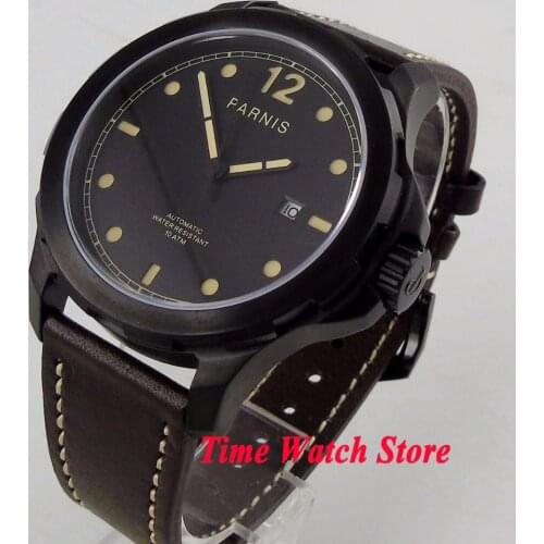 44mm Parnis mechanical auto watch men waterproof steel plated black PVD date Sapphire dial leather luminous jewels wrist 1195