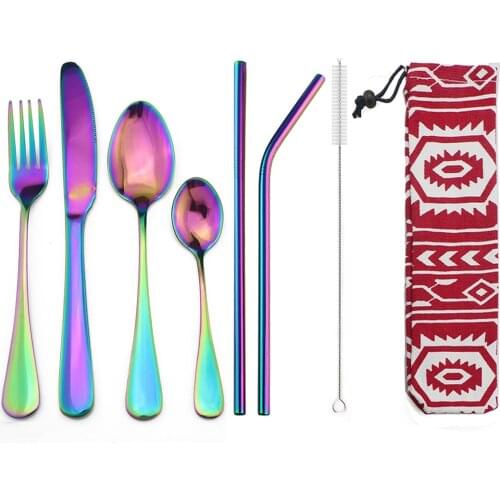 8Pcs/Set Reusable Rainbow Portable Flatware Set Stainless Steel Dinnerware Cutlery Set Knife Fork With Carry Straw Cloth Bag Set