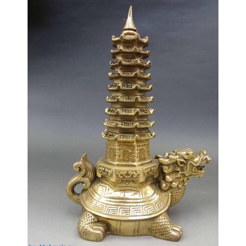 9" China brass copper Feng Shui Pagoda Cultural Prosperity Dragon turtle Statue