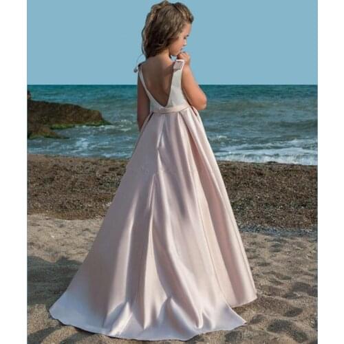 Satin Flower Girls Dresses With Bow Sash First Communion Dress For Little Kids Party Birthday Dress Toddlers Formal Pageant Gown