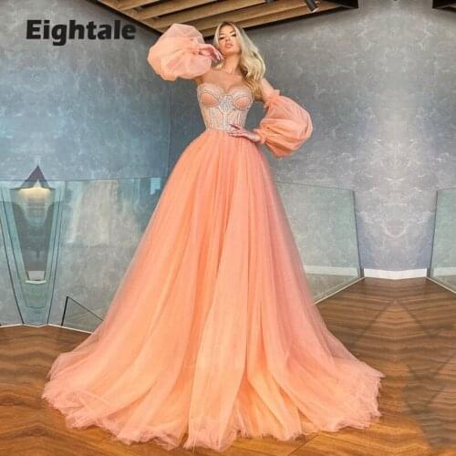 Eightale Coral Evening Dresses Sweetheart Beaded Long Formal Prom Gown Boning Detachable Sleeves Celebrity Party Gown Graduation