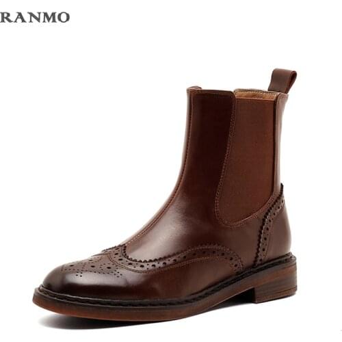 Quality Women Genuine Leather Ankle Boots Round Toe Riding Boots Warm 2021 Autumn Winter New Shoes Woman Carved Chelsea Boots