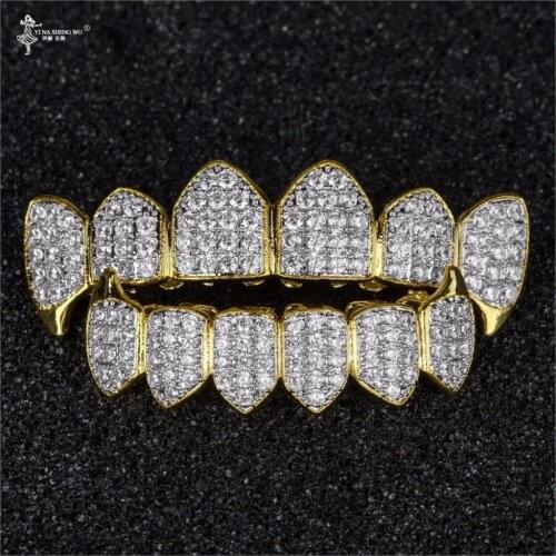 Pure Gold Color & Silver-Plated Hip Hop Grillz Micro Pave CZ Gold Fang Top&Bottom Grillz Mouth Teeth Grills Vampire Set For Men