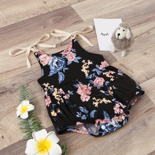 Baby & childrens clothes Baby Girl’s Casual Suspender Jumpsuits Fashion Flower Print Round Neck Bow Lace-Up Triangle Romper