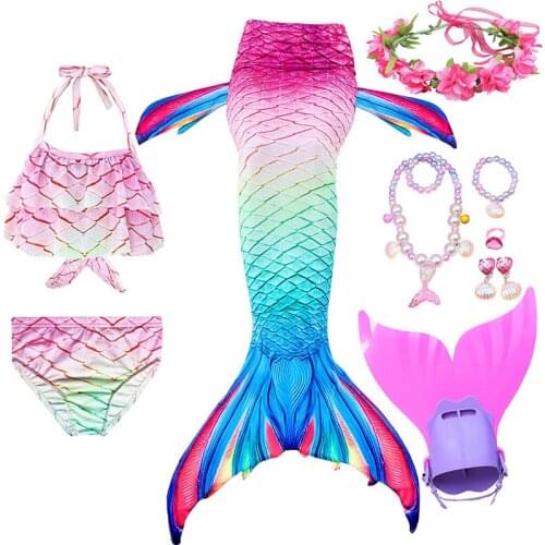 Kids Mermaid Tail for Girls Swimmable Swimming Suit Halloween Costume Swimsuit with Monofin Bikini Dress Necklace Set
