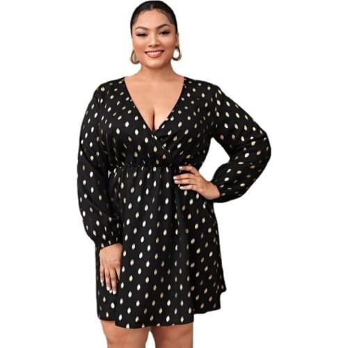 Plus Size Dot Printing Women A-line Dress 2021 Spring Lantern Sleeve Deep High Waist Sexy Party Mini Dresses Hot Selling RV366
