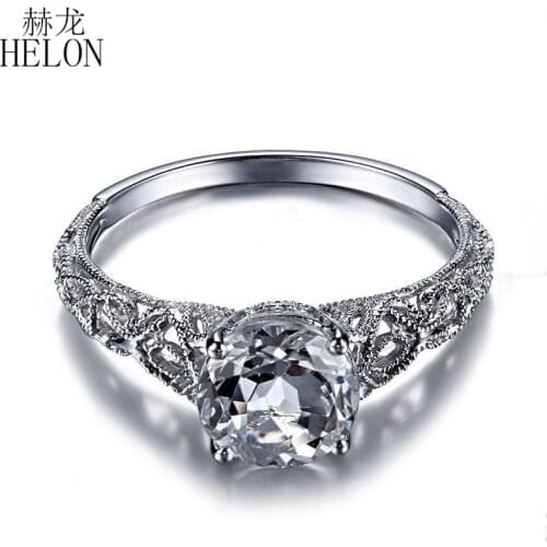 HELON Solid 14k White Gold AU585 Round 8mm 100% Genuine White Topaz Gemstone Engagement Wedding Vintage Antique Jewelry Ring
