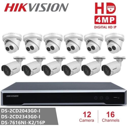 Hikvision Video Surveillance Kits NVR DS-7616NI-K2/16P 16POE + DS-2CD2343G0-I & DS-2CD2043G0-I 4MP IP High Resoultion WDR POE IR