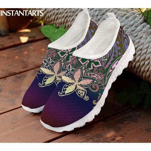 INSTANTARTS Tribal Polynesian Plumeria Flower Prints Flat Shoes for Women Light Slip-on Casual Loafers Summer Cool Mesh Sneakers