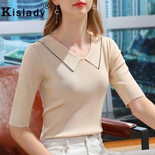 Kislady Summer Turn-down Collar Half Sleeve Tops Shirts Sexy OL Patchwork Gothic Shirt Korean Harajuku Striped Knitted Clothing