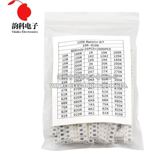 1206 5% SMD Resistor Kit 10Ohm~910KOhm 80valuesX25pcs=2000pcs 1/4W Chip Resistor Assorted Samples kit