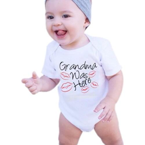 Grandma Was Here Print Summer Cotton Newborn Baby Boy Girl Bodysuit Clothes Letter Print Short Sleeve Bodysuits Jumpsuit Outfits