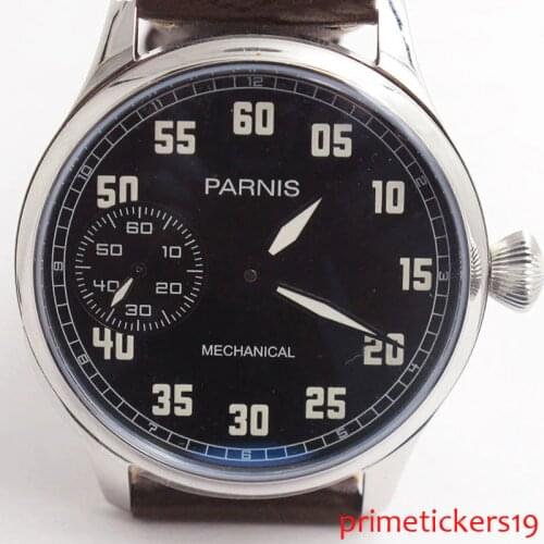 44mm parnis black dial cow leather strap ST hand winding 6497 mechanical mens watch P792