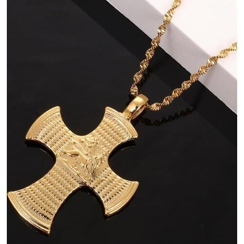 Ethiopian Lion Cross Pendant Necklace for Women Men Gold Color African Trendy Jewelry