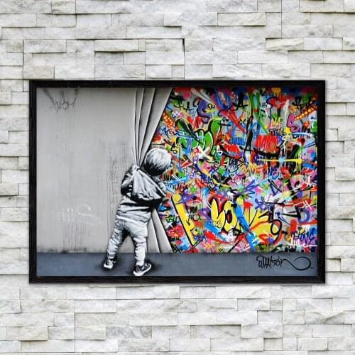 Pop Graffiti Street Artwork Kids Behind The Curtain Canvas Painitngs Posters and Prints for Modern Home Living Room Decoration