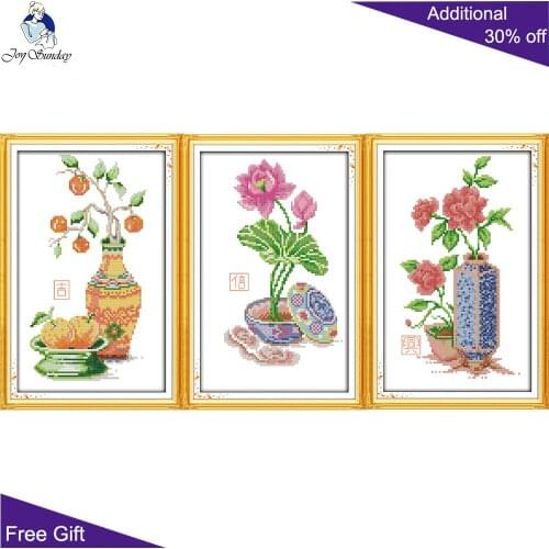 Joy Sunday Orange Lotus Flowers Z402 Z403 Z404 Home Decor Chinese Character Lucky Confidence Thriving Cross Stitch kits