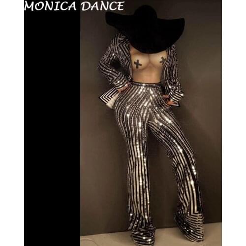 Sexy Stage Nude Print Jazz Nightclub Bar Outfit DJ Stage Wear Singer Dancer Costume Glitter Sequins Striped Jumpsuit and Coat