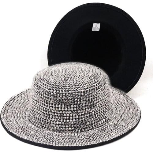 Stage hat women handmade rhinestone flat top hat autumn and winter male British retro outdoor shading woolen dome church hat