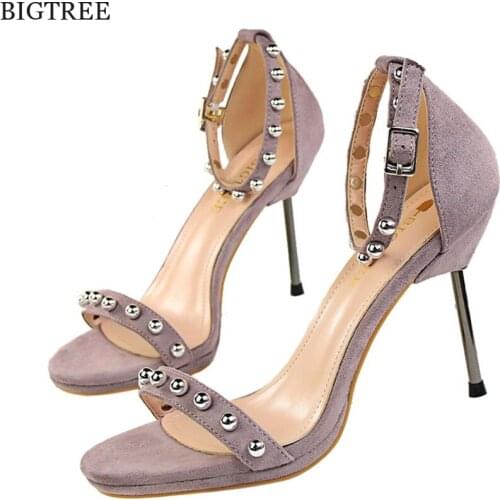 BIGTREE Elegant Metal String Bead Womens Sandals Buckle Solid Flock High Heels Shoes Platform Thin Heels Women Dress Shoes